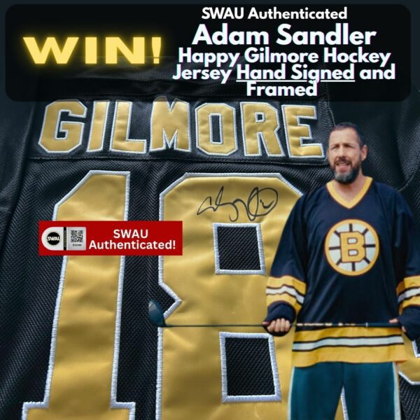 Happy Gilmore! Win SWAU Authenticated Hand Signed Adam Sandler Happy Gilmore Framed Hockey Jersey!
